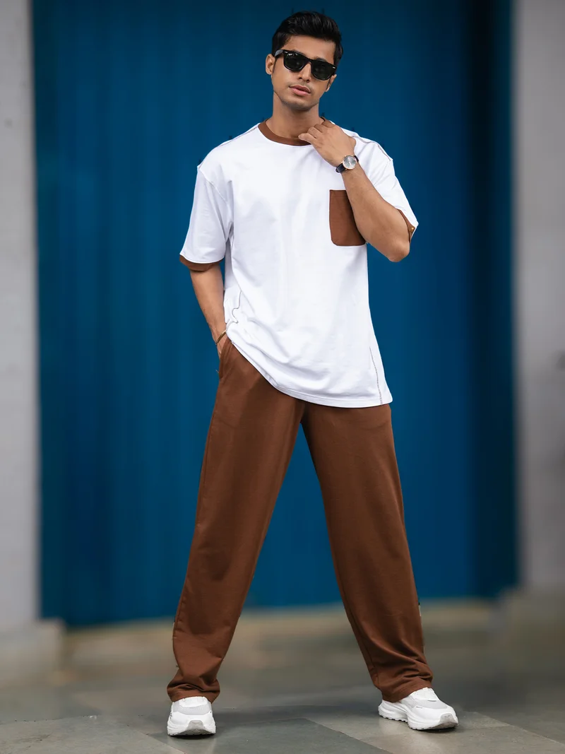 مانياك Maniac Mens Solid One Pocket Round Neck Half Sleece White andd Brown Cotton Co-Ords